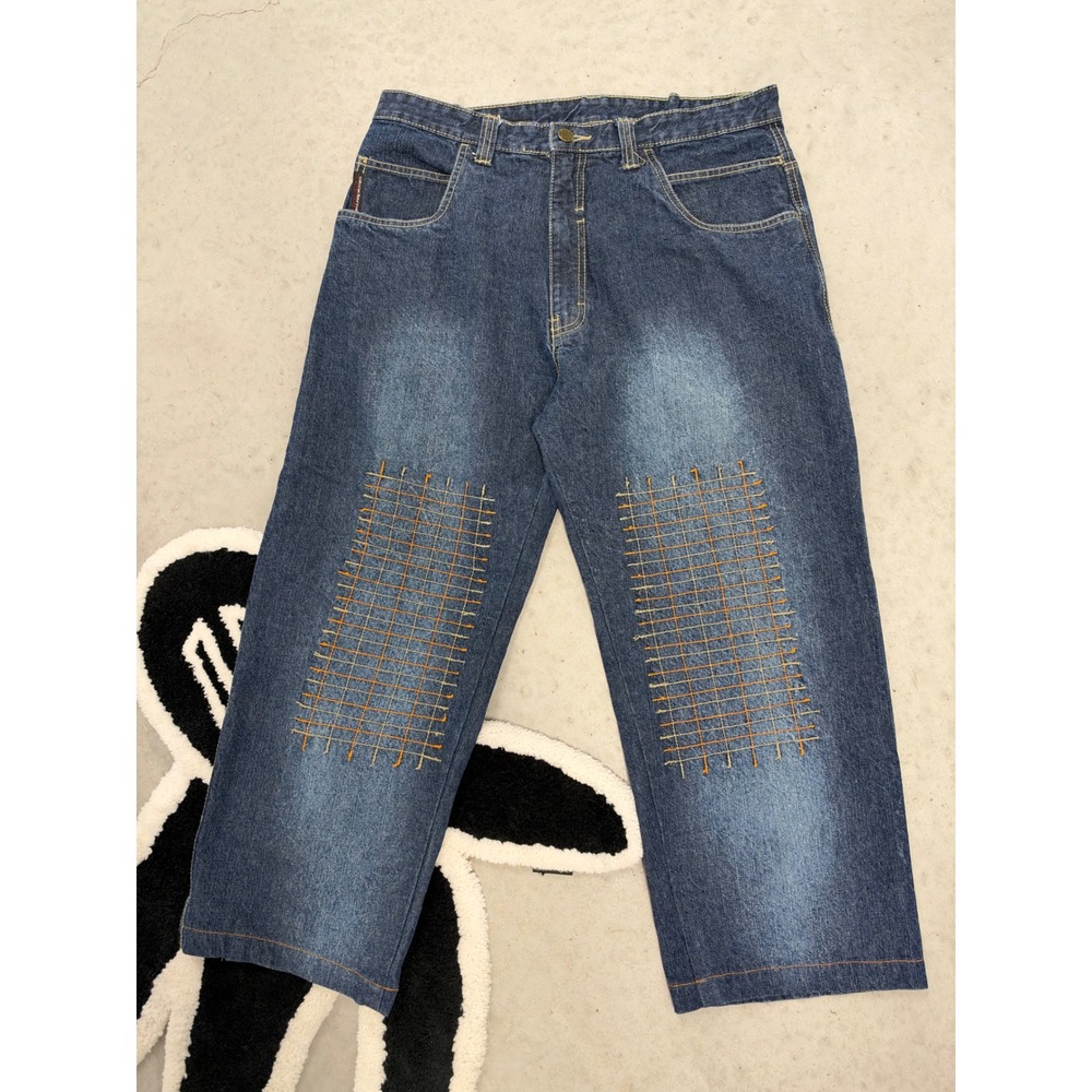 Akademiks Mens Baggy Wide Leg Jeans Blue Denim Contrast Stitch 34x24 Vintage